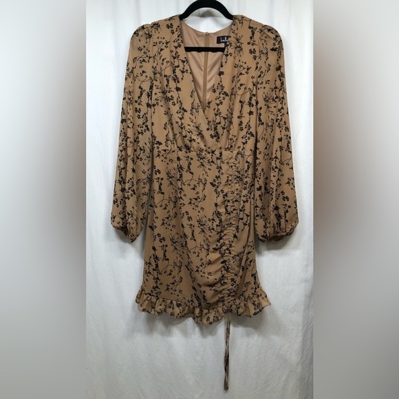 Lulus One True Love Taupe Floral Print Ruched Long Sleeve Mini Dress Small - Picture 3 of 16